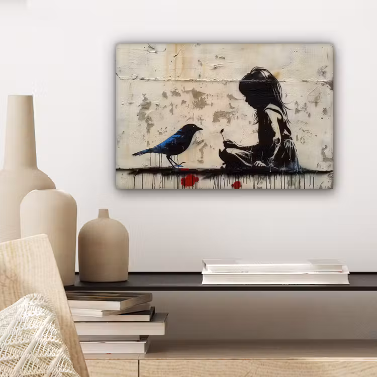 Street art - Meisje - Vogel - Graffiti - Banksy canvas 2cm klein -sfeer6