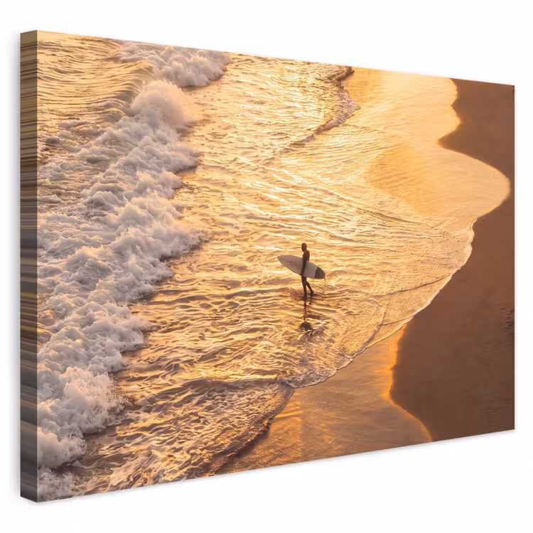 Surfer - Strand - Zonsondergang - Oceaan - Goud canvas 2cm klein -3d