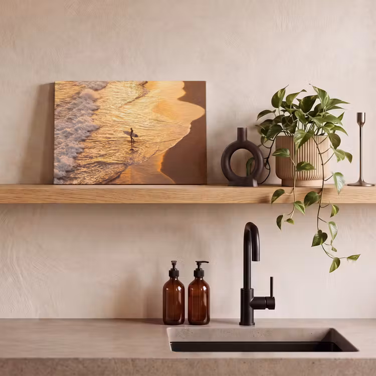 Surfer - Strand - Zonsondergang - Oceaan - Goud canvas 2cm klein -sfeer3