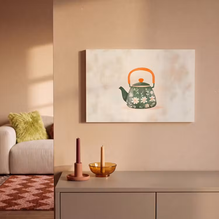 Theepot - Groen - Bloemen - Oranje canvas 2cm klein -sfeer1