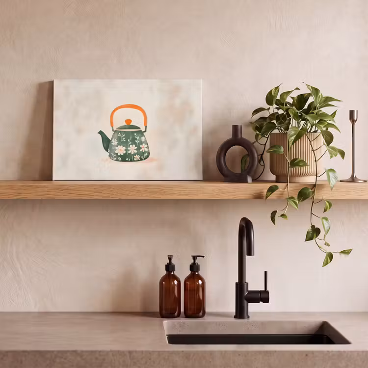 Theepot - Groen - Bloemen - Oranje canvas 2cm klein -sfeer3
