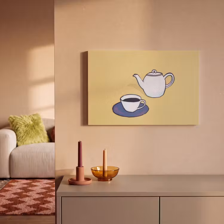 Theepot - Kopje - Beige - Illustratie canvas 2cm klein -sfeer1