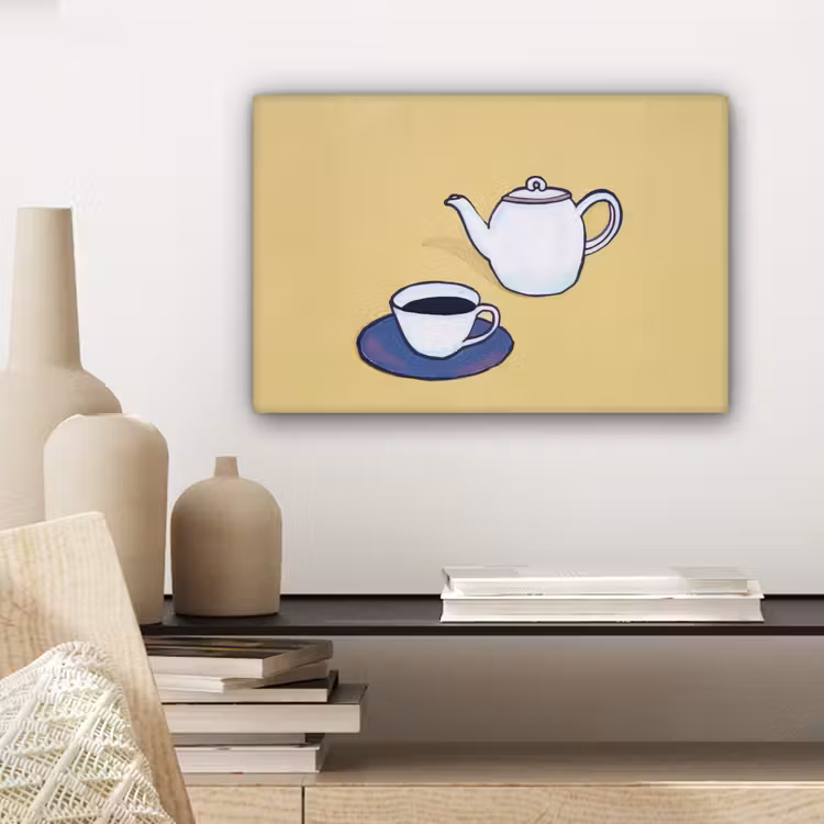 Theepot - Kopje - Beige - Illustratie canvas 2cm klein -closeup_print_DE