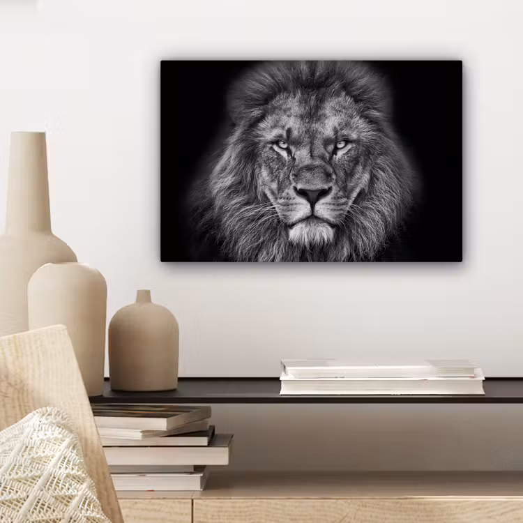 Dieren - Leeuw - Zwart - Wit - Portret canvas 2cm klein -sfeer6