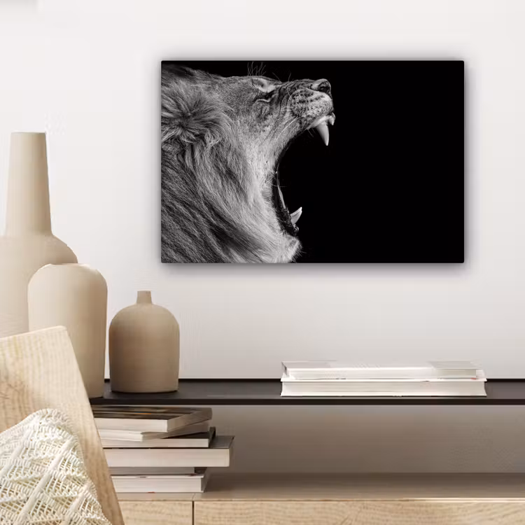 Dieren - Leeuw - Zwart - Wit - Portret canvas 2cm klein -sfeer6