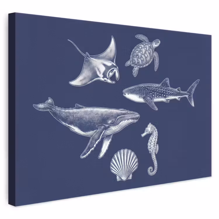 Dieren - Zeeleven - Oceaan - Graveren - Blauw canvas 2cm klein -3d