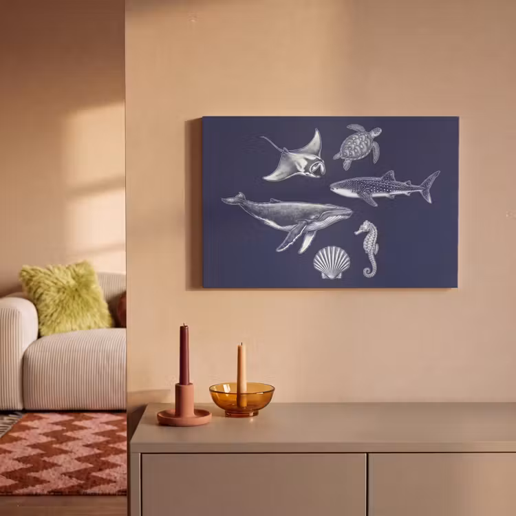 Dieren - Zeeleven - Oceaan - Graveren - Blauw canvas 2cm klein -sfeer1