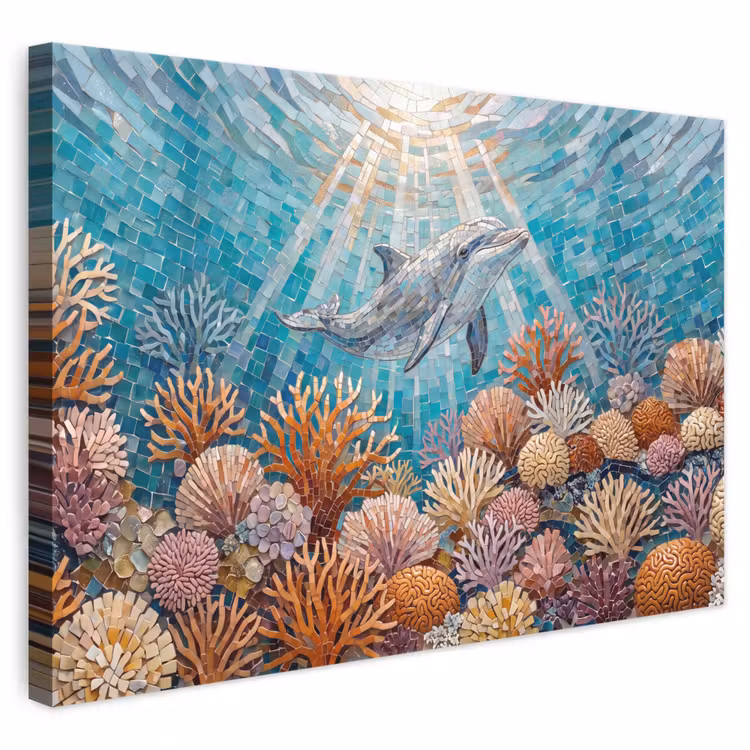 Dieren - Mozaïek - Oceaan - Koraal - Blauw canvas 2cm klein -3d