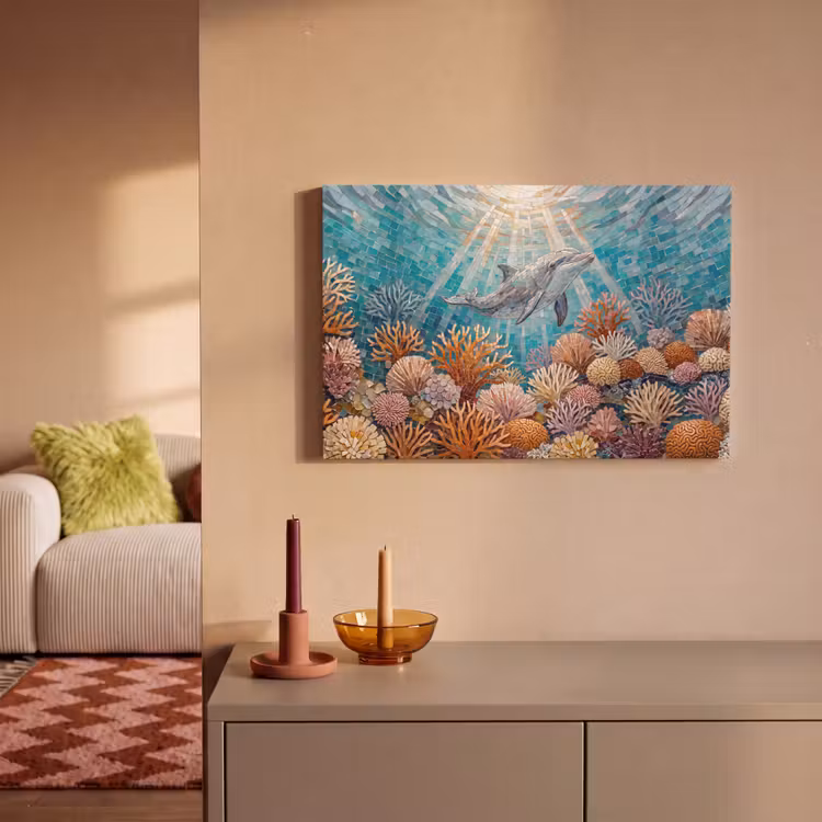 Dieren - Mozaïek - Oceaan - Koraal - Blauw canvas 2cm klein -sfeer1