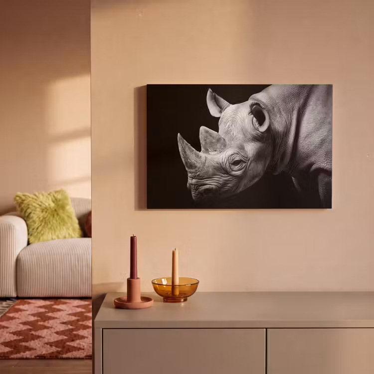 Dieren - Neushoorn - Zwart - Wit - Portret canvas 2cm klein -sfeer1