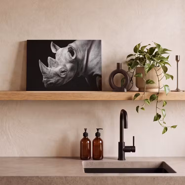Dieren - Neushoorn - Zwart - Wit - Portret canvas 2cm klein -sfeer3