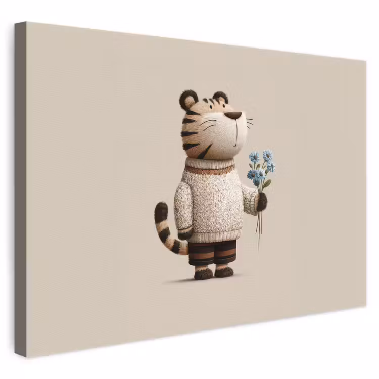 Tijger - Blauwe bloemen - Rustig canvas 2cm klein -3d