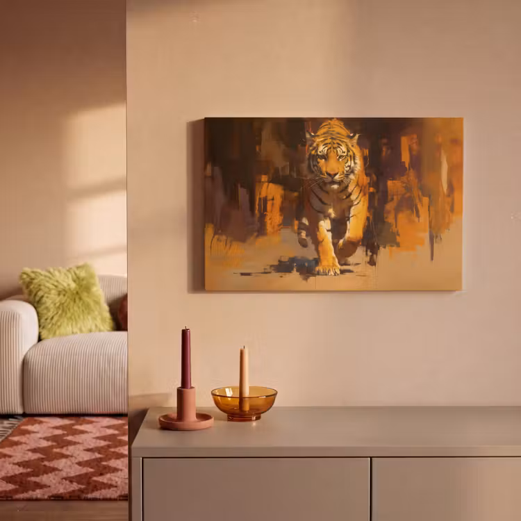 Tijger - Geschilderd - Oranje - Penseelstreken canvas 2cm klein -sfeer1