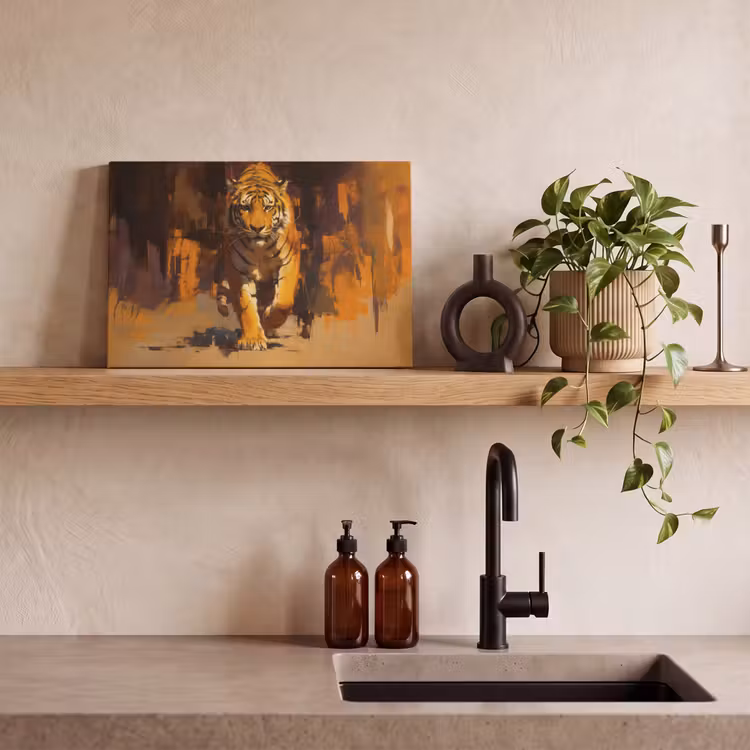 Tijger - Geschilderd - Oranje - Penseelstreken canvas 2cm klein -sfeer6