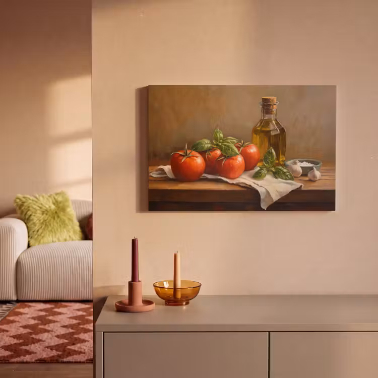 Tomaten - Olijfolie - Stilleven canvas 2cm klein -sfeer1