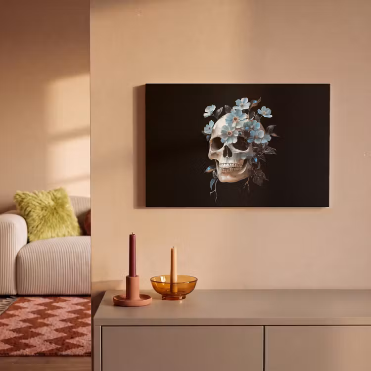 Schedel - Blauw - Bloemen - Bladeren canvas 2cm klein -sfeer1