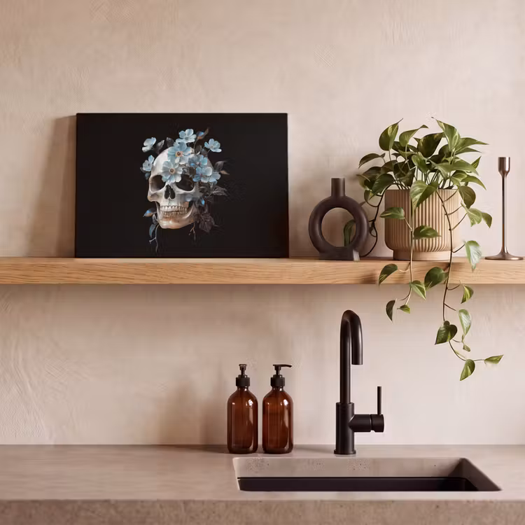 Schedel - Blauw - Bloemen - Bladeren canvas 2cm klein -closeup_print_DE