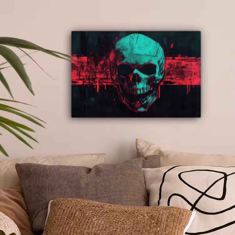 Schedel - Cyberpunk - Neon Rood canvas 2cm klein -sfeer1