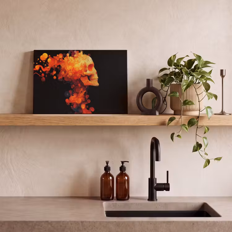 Schedel - Oranje - Zijaanzicht - Vlammen canvas 2cm klein -sfeer3
