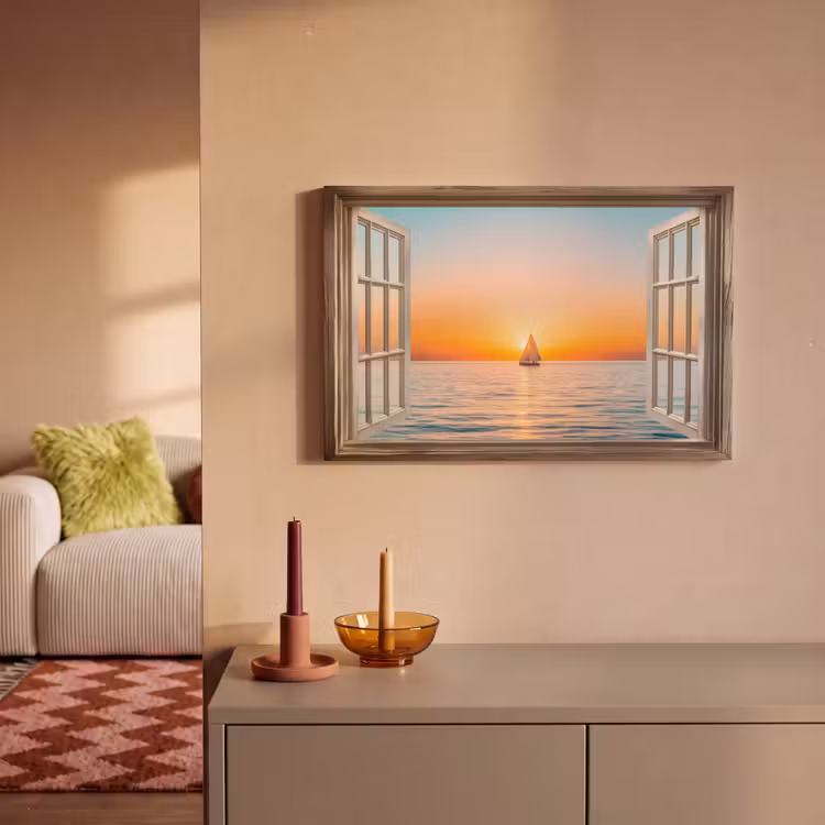 Doorkijk - Zee - Boot - Zonsondergang canvas 2cm klein -sfeer1