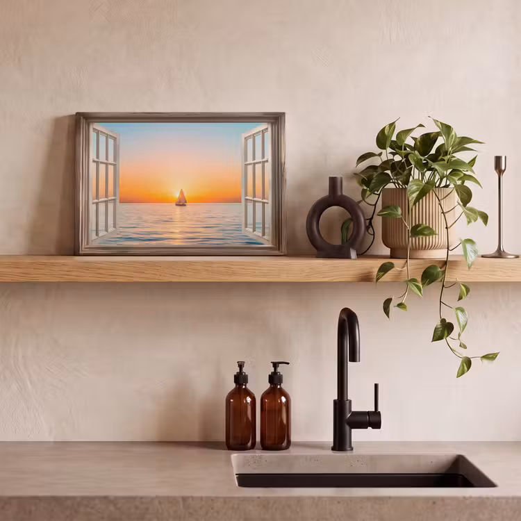 Doorkijk - Zee - Boot - Zonsondergang canvas 2cm klein -sfeer3