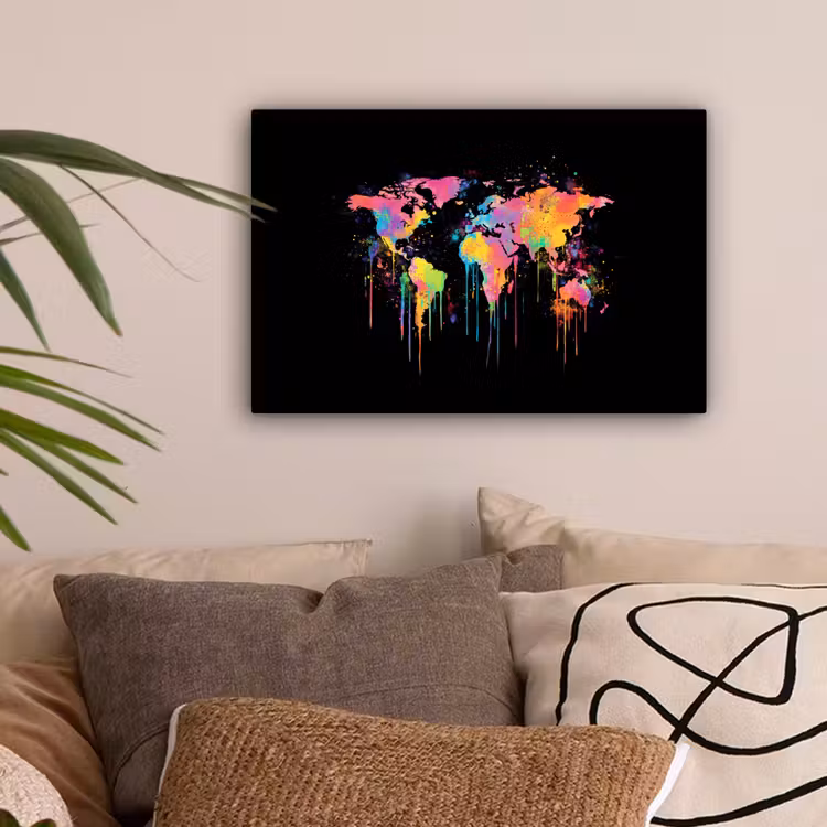 Druipen - Wereldkaart - Kleurrijk - Verticaal canvas 2cm klein -sfeer1