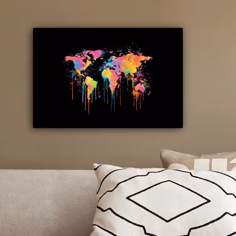 Druipen - Wereldkaart - Kleurrijk - Verticaal canvas 2cm klein -sfeer3