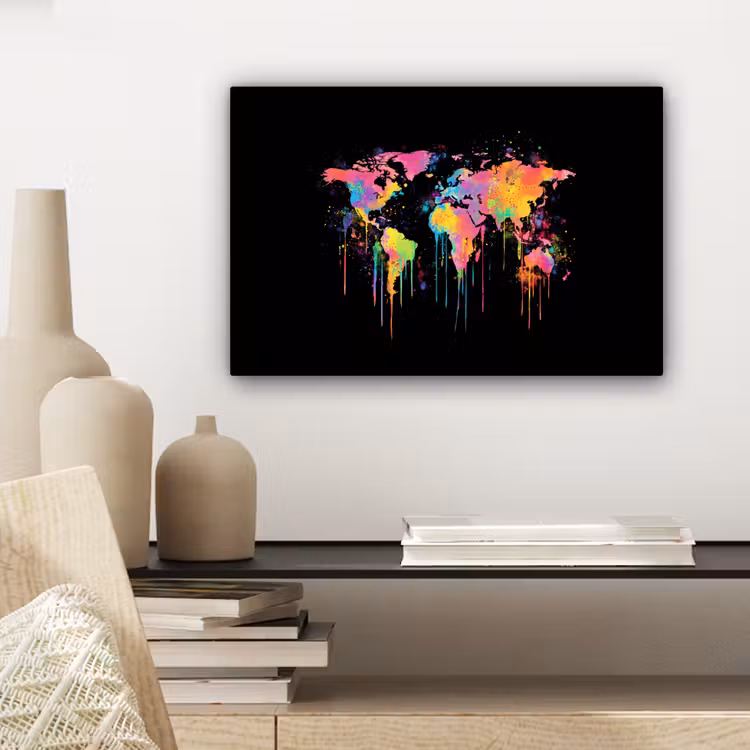 Druipen - Wereldkaart - Kleurrijk - Verticaal canvas 2cm klein -sfeer6
