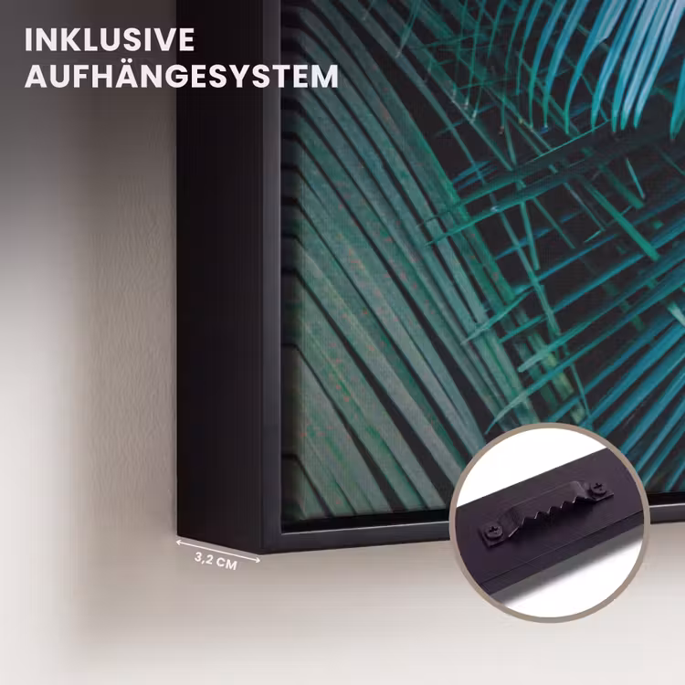 Tropical - Jungle - Bladeren - Groen Canvas met baklijst klein -closeup_ophangsysteem_DE