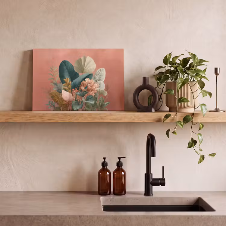 Tropische bladeren - Bloemen - Roze - groen canvas 2cm klein -sfeer6