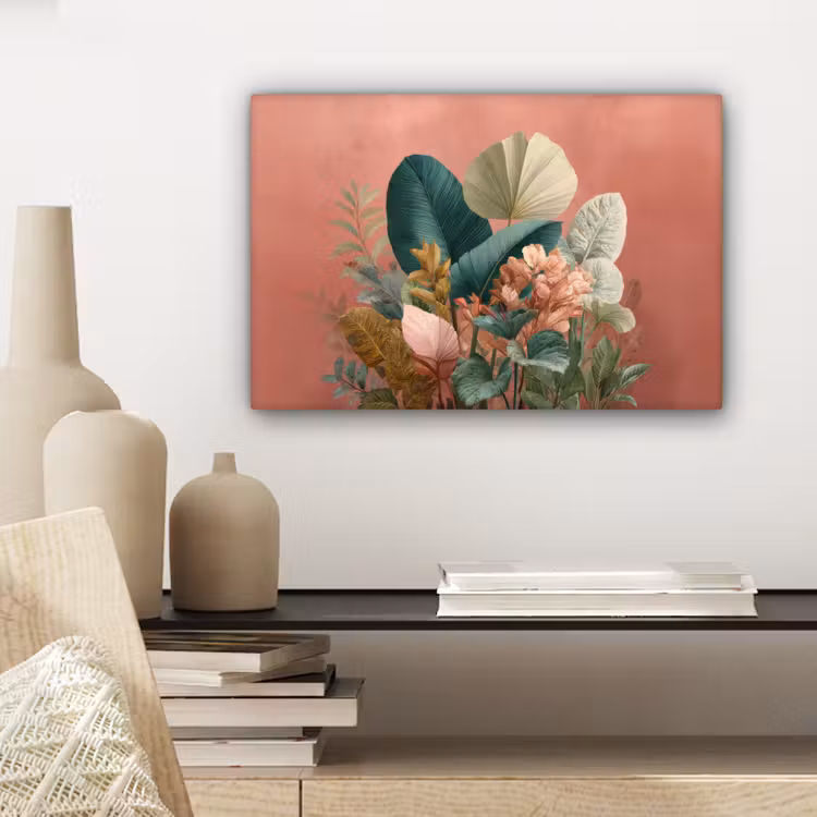 Tropische bladeren - Bloemen - Roze - groen canvas 2cm klein -closeup_print_DE