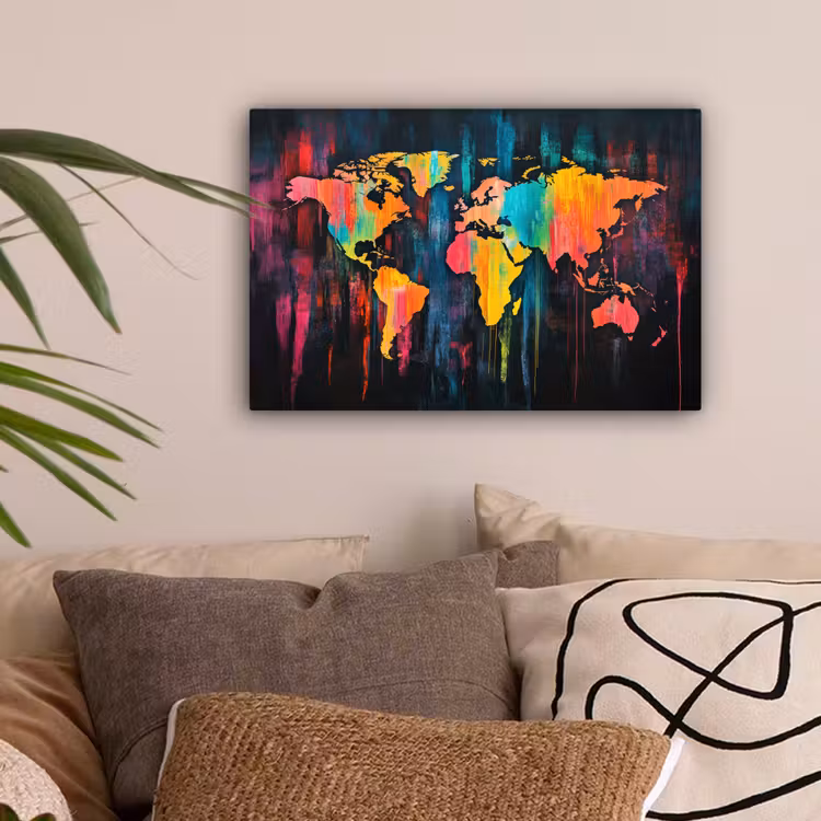 Verticaal - Banen - Verf - Wereldkaart canvas 2cm klein -sfeer1