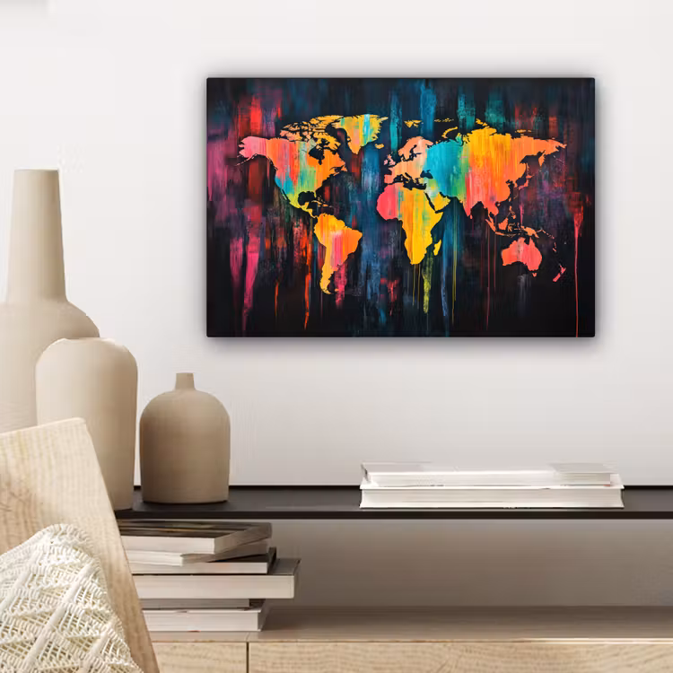 Verticaal - Banen - Verf - Wereldkaart canvas 2cm klein -sfeer6
