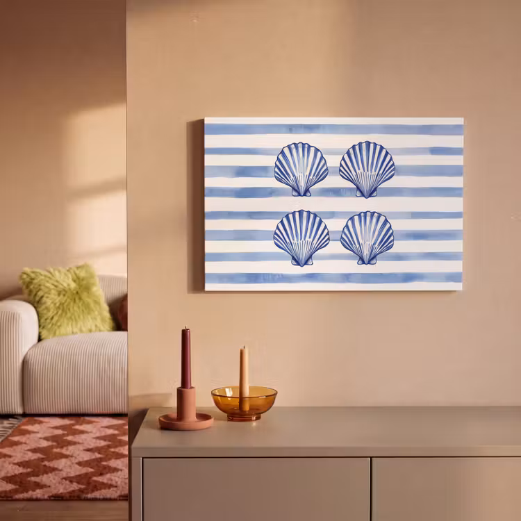 Vier schelpen - Blauw - Wit - Strepen canvas 2cm klein -sfeer1