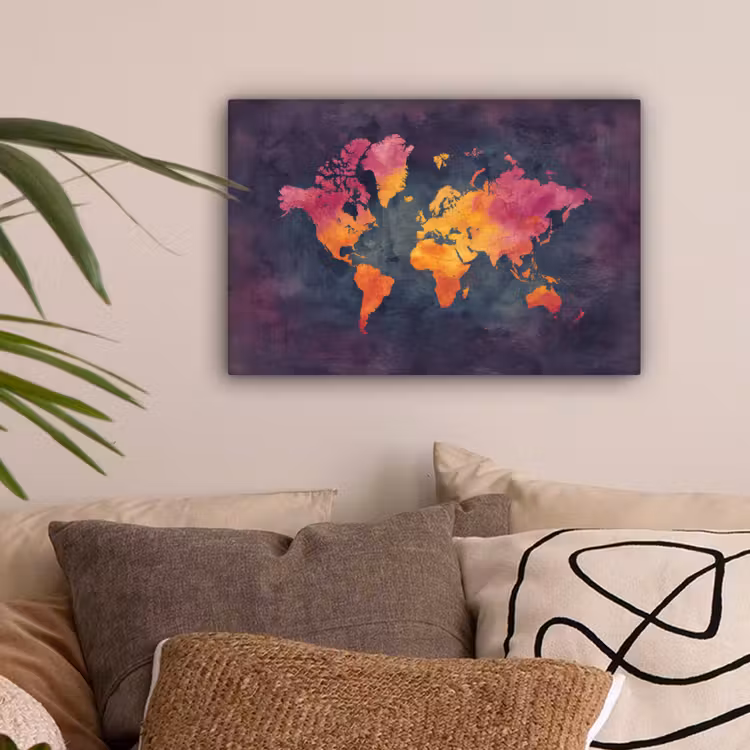 Paars - Warm - Wereldkaart canvas 2cm klein -sfeer1