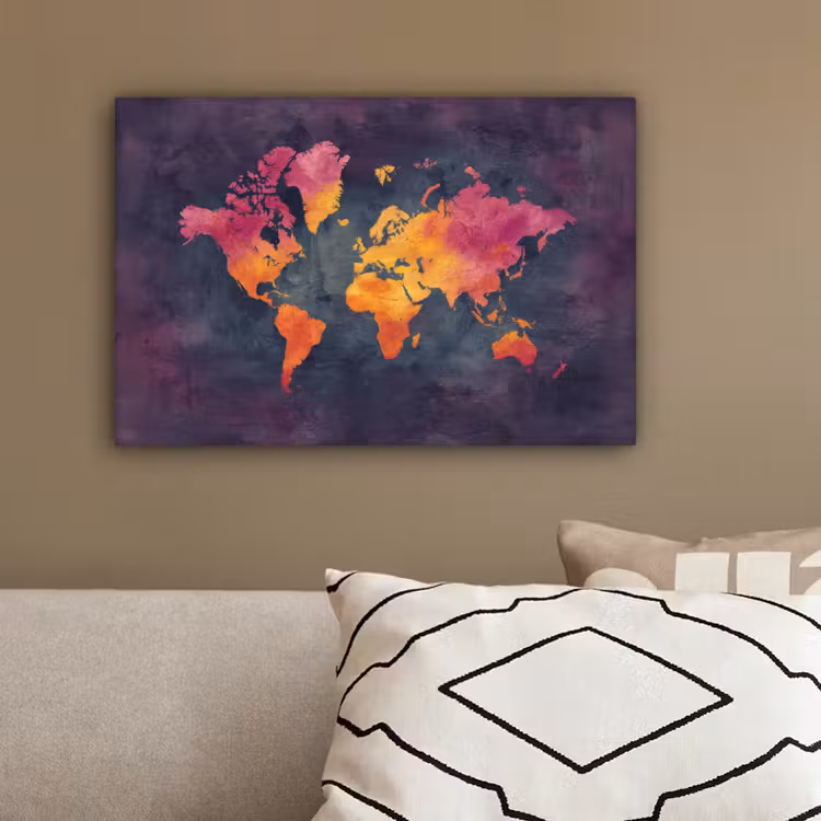 Paars - Warm - Wereldkaart canvas 2cm klein -sfeer3