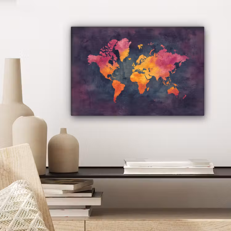 Paars - Warm - Wereldkaart canvas 2cm klein -sfeer6