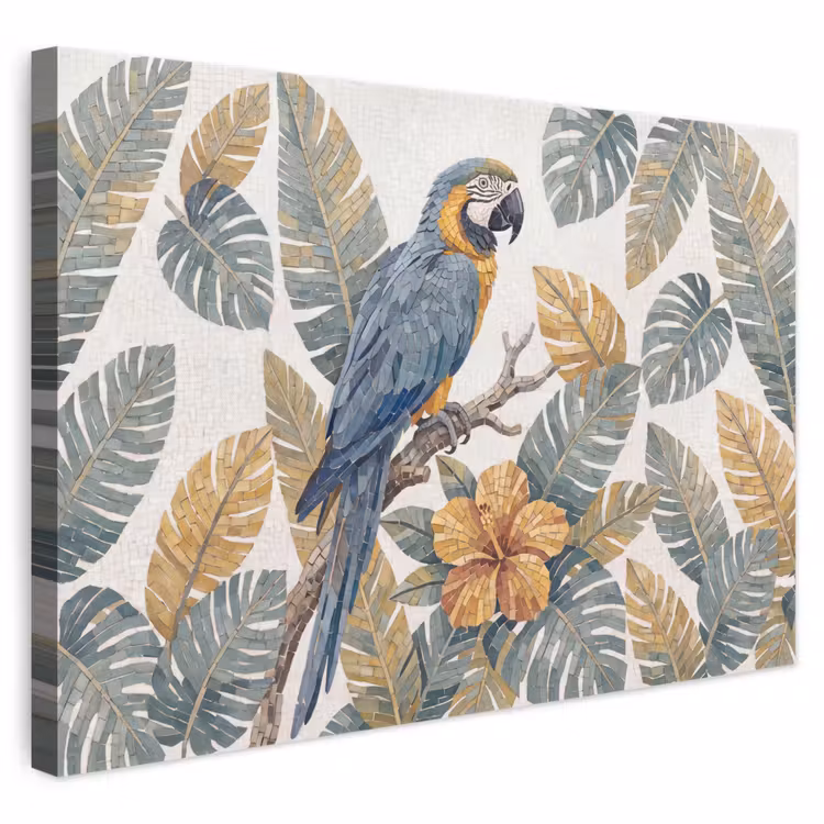 Vogel - Tak - Natuur - Mozaïek - Blauw canvas 2cm klein -3d