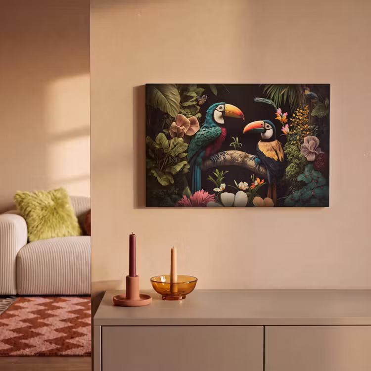 Vogel - Bloemen - Planten - Jungle - Zwart - Toekan canvas 2cm klein -sfeer1
