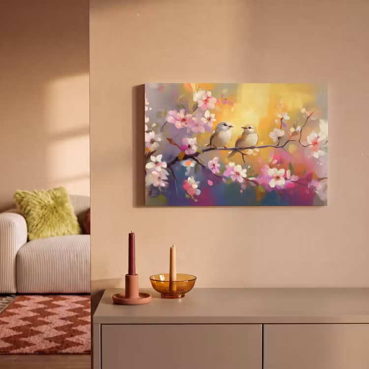 Vogels - Bloemen - Roze canvas 2cm klein -sfeer1