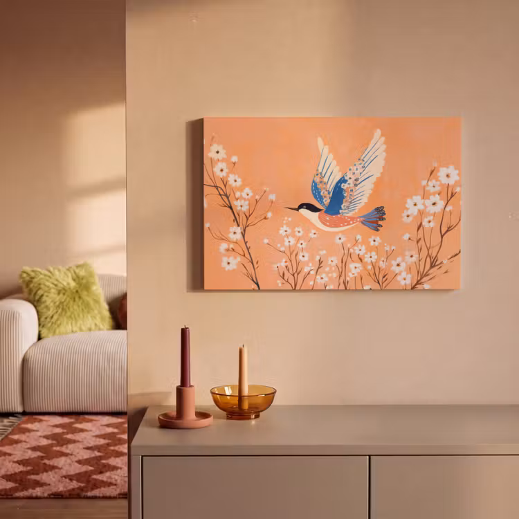 Vogel - Bloesemtakken - Warm - Kleurrijk canvas 2cm klein -sfeer1