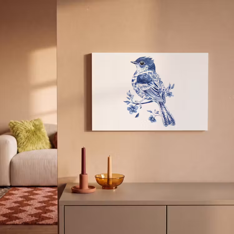 Vogel - Delfts blauw - Illustratie - Bloemen canvas 2cm klein -sfeer1