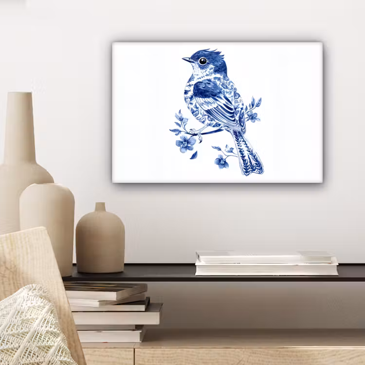 Vogel - Delfts blauw - Illustratie - Bloemen canvas 2cm klein -closeup_print_DE