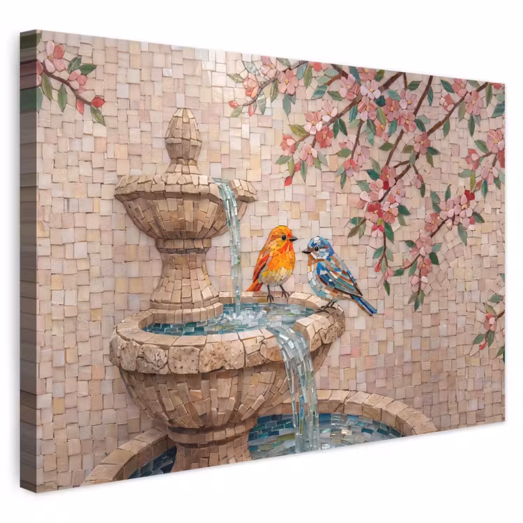 Vogel - fontein - mozaiek - kleurrijk - dieren canvas 2cm klein -3d
