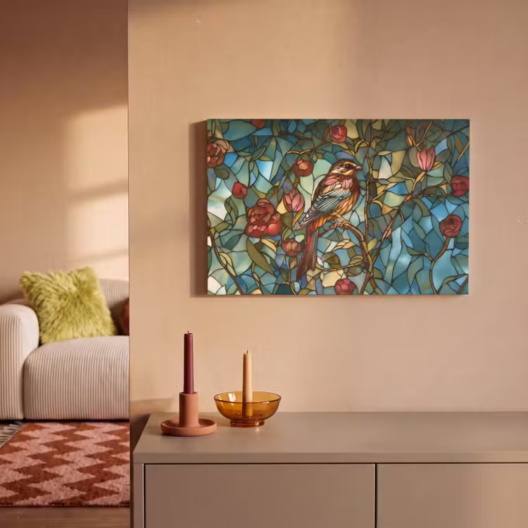 Vogel - Tak - Rozen - Mozaïek canvas 2cm klein -sfeer1