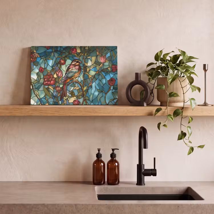 Vogel - Tak - Rozen - Mozaïek canvas 2cm klein -sfeer6