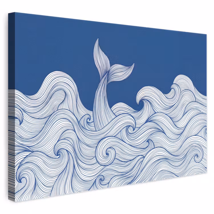 Walvis - Staart - Golven - Lijntekening - Blauw canvas 2cm klein -3d
