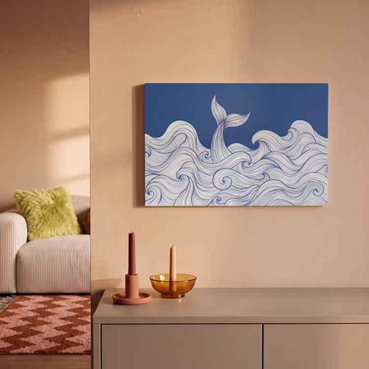 Walvis - Staart - Golven - Lijntekening - Blauw canvas 2cm klein -sfeer1