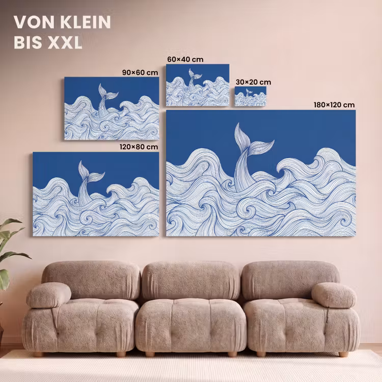 Walvis - Staart - Golven - Lijntekening - Blauw canvas 2cm klein -Xsfeer8_DE