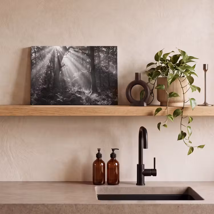 Bos - Lichtstralen - Natuur - Zwart-wit canvas 2cm klein -sfeer3